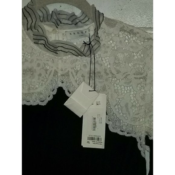 Sandro Paris Junie Long Sleeve Lace and Velvet Dress Black White 1 - Picture 2 of 6